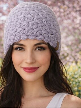 Handmade adult crochet hat in lavender with flower star jasmine design